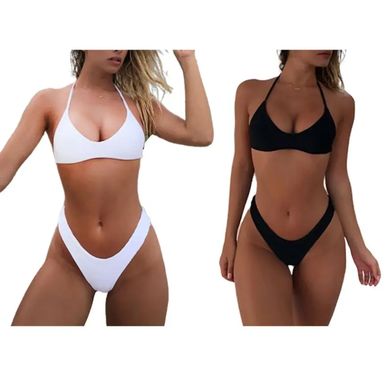 

Women Sexy Two Piece Bikini Set Thread Cross Stripes Solid Color Swimsuit Backless Deep V-Neck Bra High Cut Thong Thicken Quick