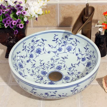 

Jingdezhen Ceramic Wash Basin Blue and White rose pattern bathroom wash basin ceramic bathroom sinks handmade