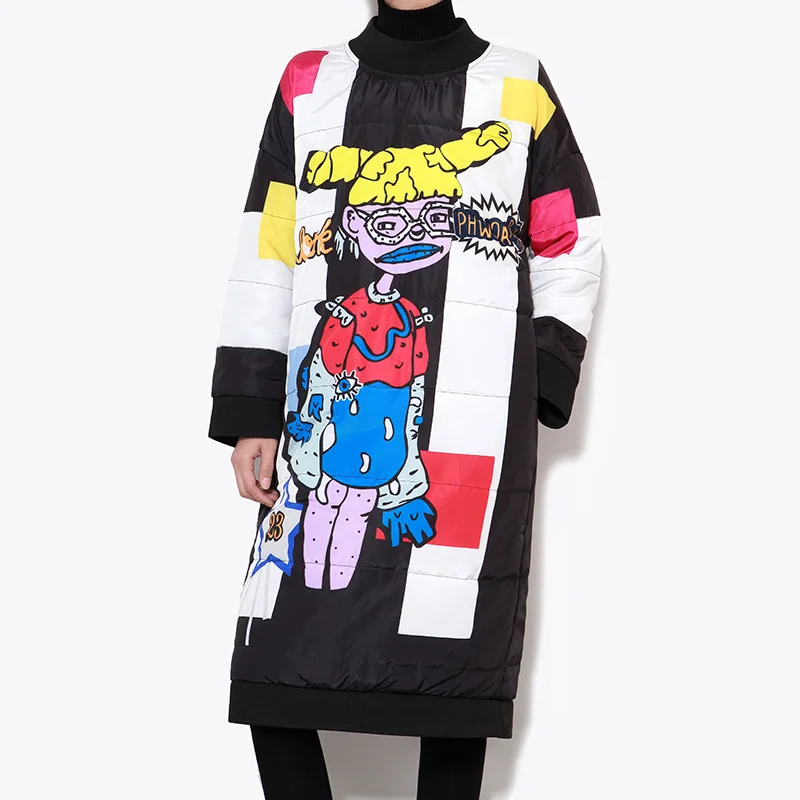 

2016 Autumn and Winter New Lady Fashion Parkas Black and White Hit Color Printing Tide Brand Thickening Warm Cotton Coat