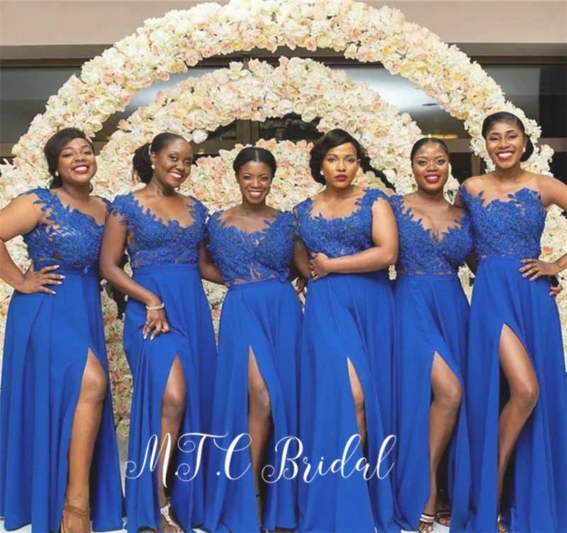 

Wholesale African Bridesmaid Dresses 2019 New 2 Piece Beaded Lace Top Side Slit A Line Cheap Maid Of Honor Dress Robe De Soiree