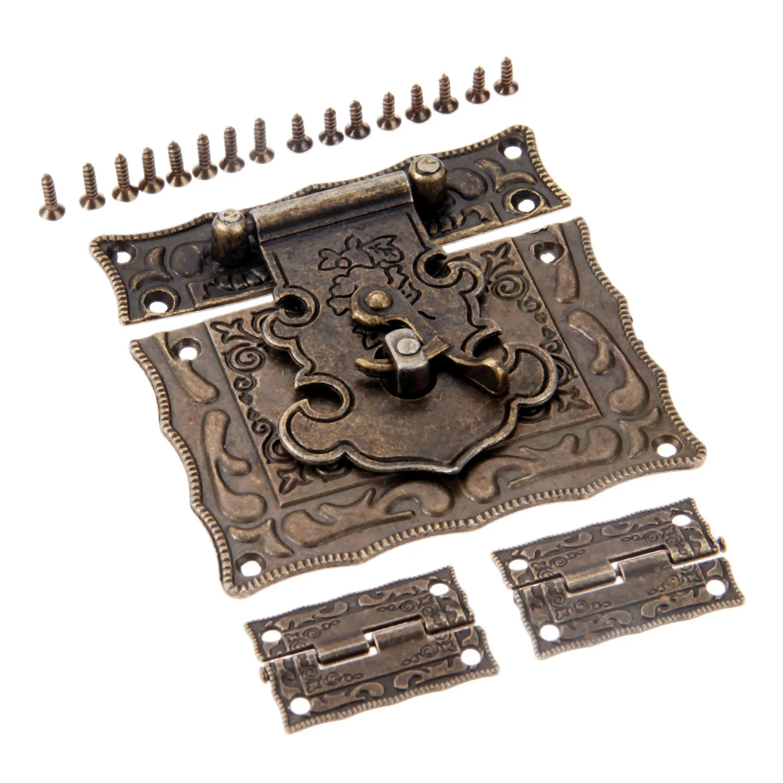 DRELD 2Pcs Antique Bronze Cabinet Hinges Vintage Furniture Hardware Set+1pc Box Hasp Latch Toggle Buckle for Jewelry Wooden Case