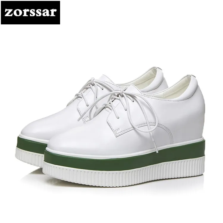 

{Zorssar} 2018 New Genuine Leather womens heels platform pumps Lace up increased internal High heels fashion women shoes