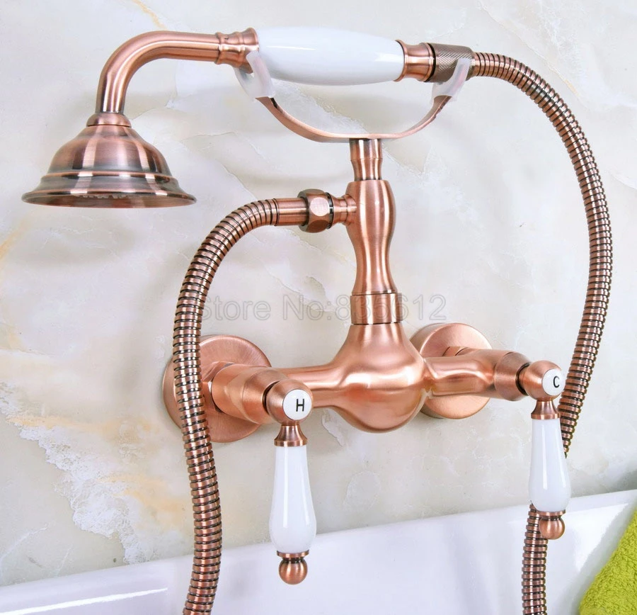 

Antique Red Copper Wall Mounted Bathroom Shower Faucet Telephone Bath Bathtub Faucets with Hand Shower Tap tna308