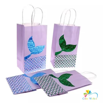 

6pcs Blue & Green Glitter Mermaid Tail Paper Favor Bags Treat Bags With Handles Under The Sea Birthday Party Supplies