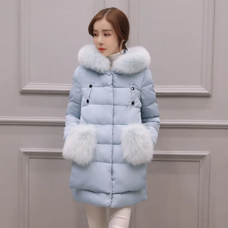 Thickening Cotton Down Parka Coat Ladies Fur Pockets Hooded Down Coat M 3XL Winter Warm Mid