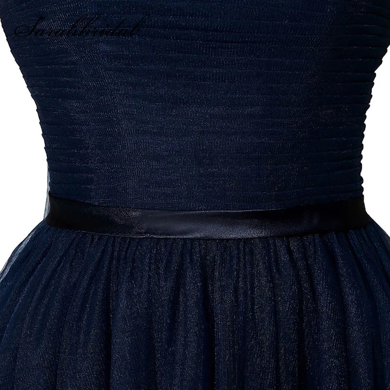 Очаровательные темно-синие вечерние платья Простой с плеча Тюль Ruched A-Line элегантный для выпускного вечера платья SD208