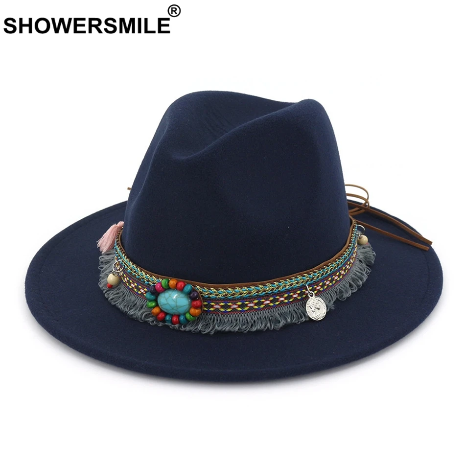 SHOWERSMILE, розовая фетровая шляпа для девушек, винтажная фетровая шляпа для женщин, повседневная, этнический стиль, с большими полями, твид, осень, зима, джаз, кепка, красный, черный