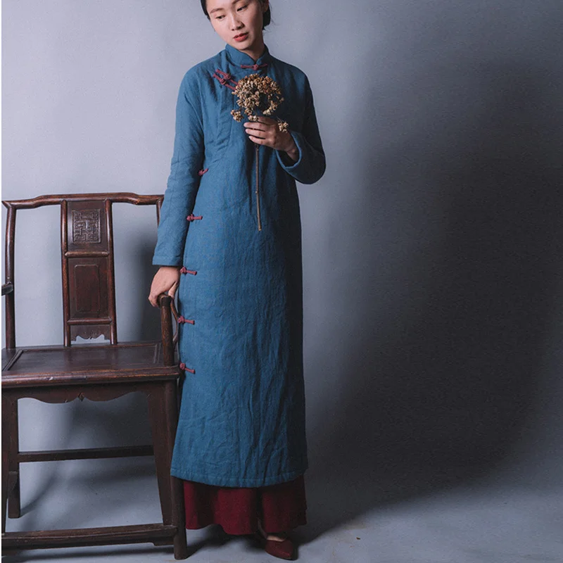 

Johnature Women Cotton Linen Dresses New 2019 Autumn Winter Vintage Stand Collar Chinese Style Buckle Thick Keep Warm Dresses