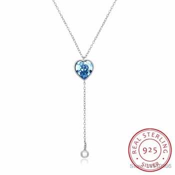 

LEKANI Heart Crystals Long Chain Pearl Pendant Necklaces Real 925 Silver For Women Girls Gifts Fine Jewelry