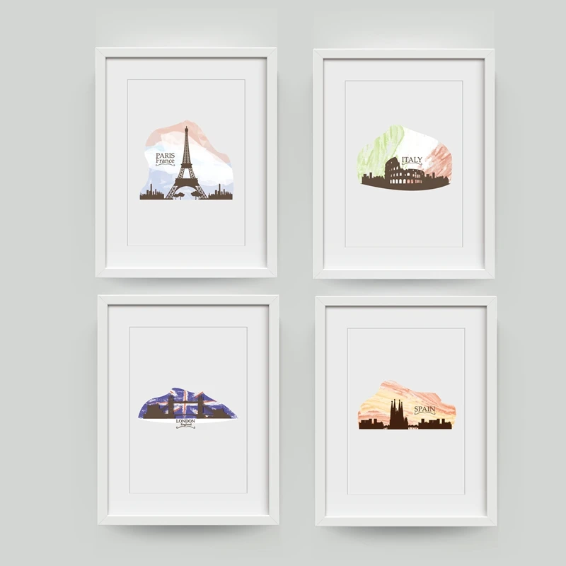 

Watercolor City Landmark Building Art Prints Wall Pictures , Italy London Spain Paris City Skyline Canvas Painting Poster
