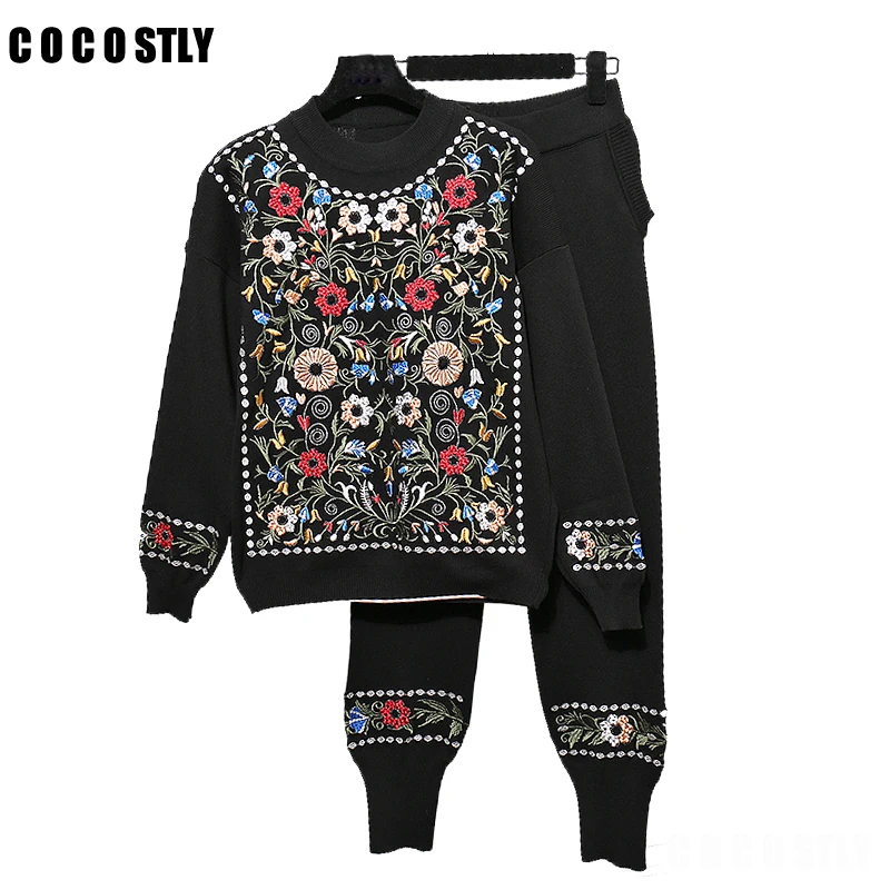 

Winter 2 Piece Set Women Knitted Pants Suit Casual Flower Embroidery Sweater + Long Haren Pants Two Pieces Sets Tracksuit Womens