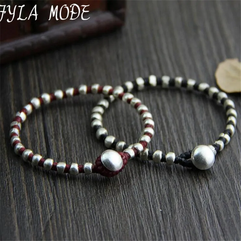 

Fyla Mode Hand Made Braided Beaded Bracelets Antique 925 Silver Black Red Thai Silver Beaded Woven Bracelet 17cm Long WT002