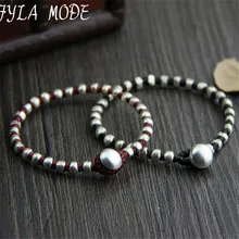 Fyla Mode Hand Made Braided Beaded Bracelets Antique 925 Silver Black Red Thai Silver Beaded Woven Bracelet 17cm Long WT002