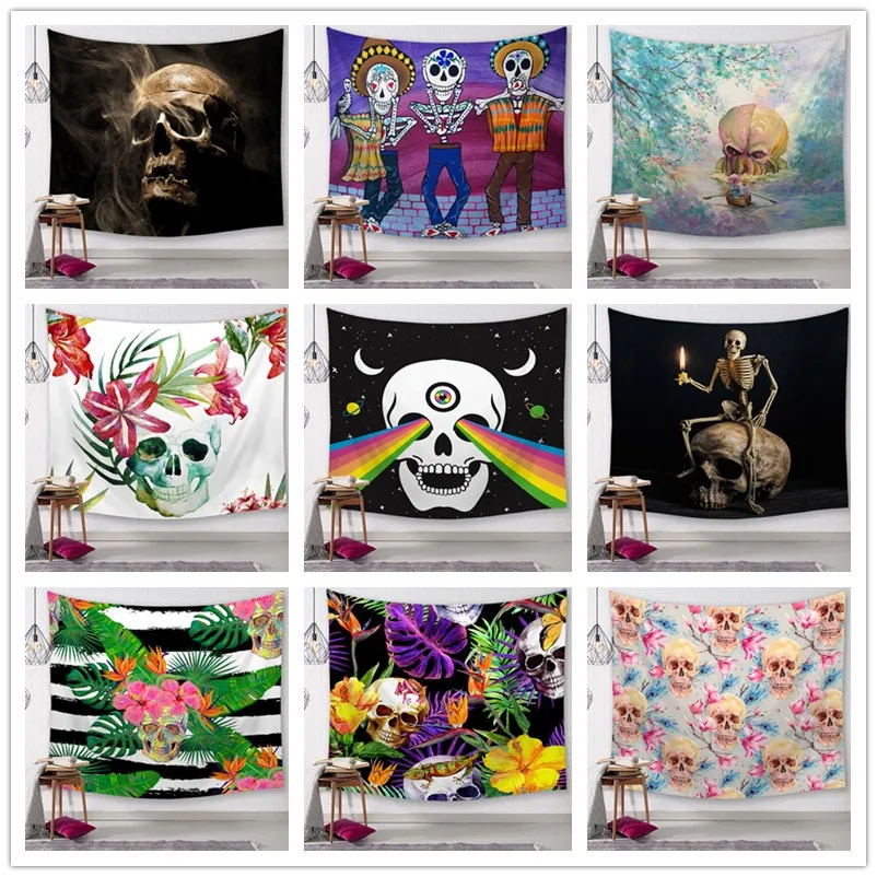 

Skull Tapestry High-Definition Map Fabric Wall Hanging Decor Watercolor Map Letter Polyester Table Cover Yoga Beach towel