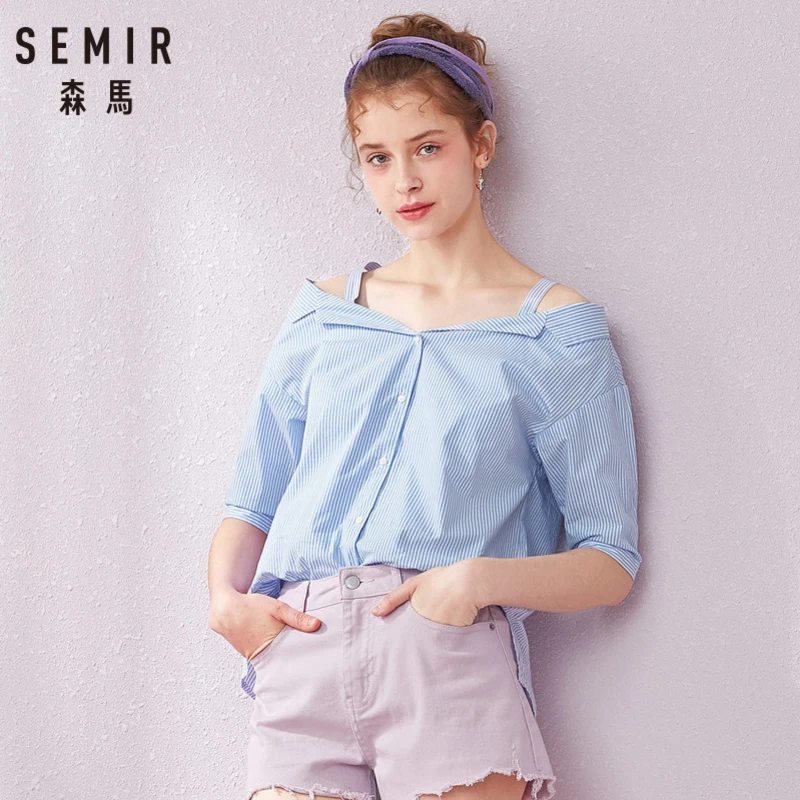 

SEMIR Short sleeve shirt women 2019 summer new striped slim sexy sweet drop shoulder blouse female fairy fan