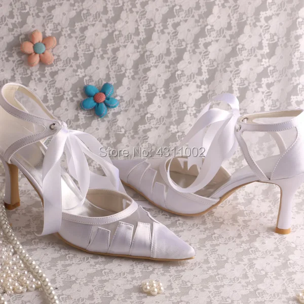 White Satin Bridal Shoes Pointed Toe Ribbon High Heel Ladies Dress Shoes