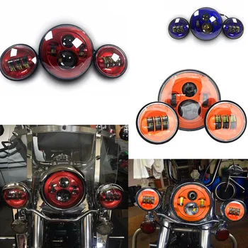

7" Moto Headlight + Dual 4.5" 4 1/2" Auxiliary AUX Spot Passing LED Fog Lights Bulb for Harley Part Blue Red Orange set