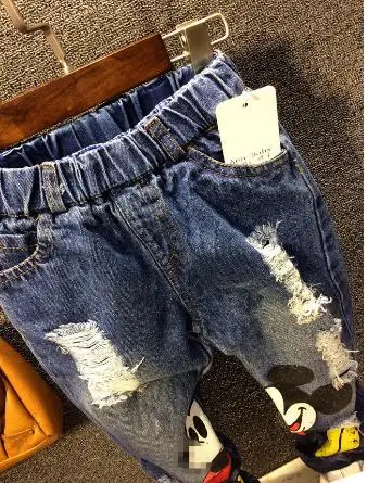 Suitable for 2-6 years old boys and girls jeans printing cute children's jeans stretch blue denim clothing hole fashion trousers