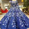 as picture LSS300 Бальное Платье синее вечернее платье длиной до пола с круглым вырезом и длинными рукавами, со шнуровкой сзади, мусульманская форма, женское платье с аппликацией - Цвет: as picture
