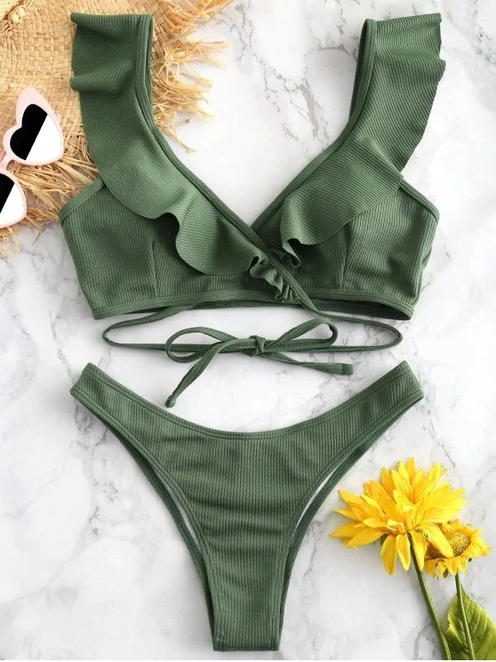 

Push up Bikini Set Women Helter Ruffle Biquini Swimwear Low Waist Sexy Ribbed Swimsuit Women Beach Bathing Beachewear Bikini Set