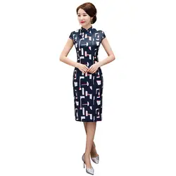 Новые восточные женский длиной до колен китайский Стиль короткий рукав платье Винтаж Qipao классический этап шоу элегантный женское