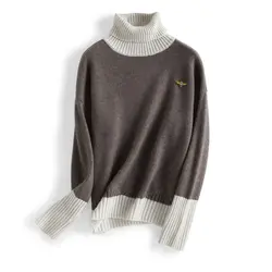 Полушерстяные толстой вязки Женская мода лоскутное изделие пуловер свитер водолазка кофе один и более размер