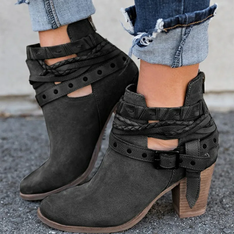 Mujer Otoño Zapatos Diarios Primavera rojo Remache Botas De Negro Tacones Dudeli Pu Hebilla gris Cuero Para Mujeres Moda Altos qx4CwHS