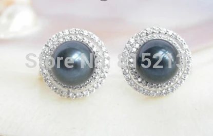 

wb00501 AAA Genuine Tahitian black round pearls earrings