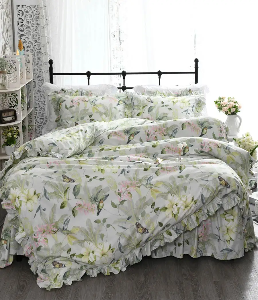 Пасторальный зеленый цветочный Комплект постельного белья с птицей, хлопок, Твин, полный Король королевы, один двойной домашний
