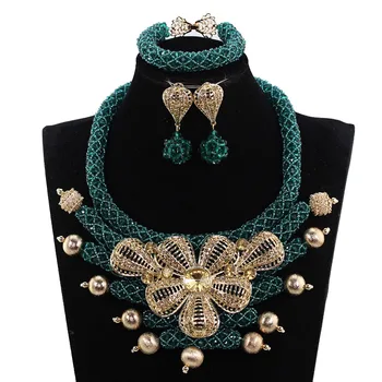 

Nigerian wedding african beads jewelry set crystal Teal green wedding necklace set african costume jewelry set JB097