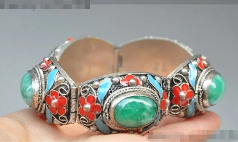 

Fast shipping8" chinese Tibet silver Cloisonne Mosaic Natural Jade Flower Exquisite Bracelet