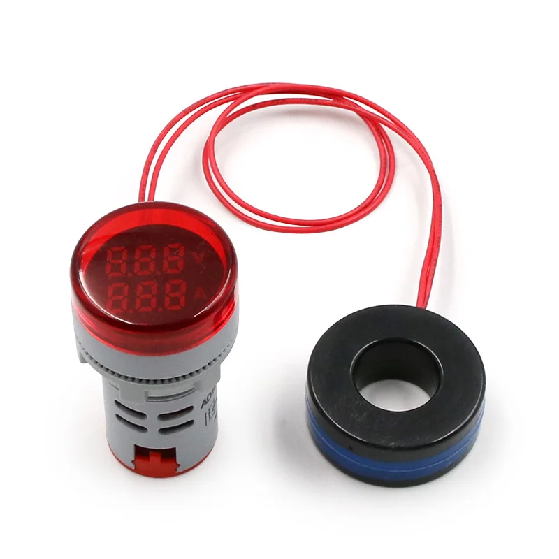 Круглый Мини цифровой вольтметр Амперметр 22 мм переменный ток 20-500 В 0-100А Ампер Вольт тестер напряжения метр двойной светодиодный индикатор лампа-пилот светильник - Цвет: Красный
