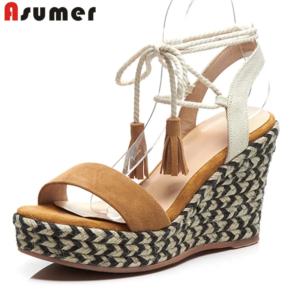 

ASUMER 2018 summer new shoes woman ankke strap sandals women platform wedges shoes mixed colors suede leather high heels shoes