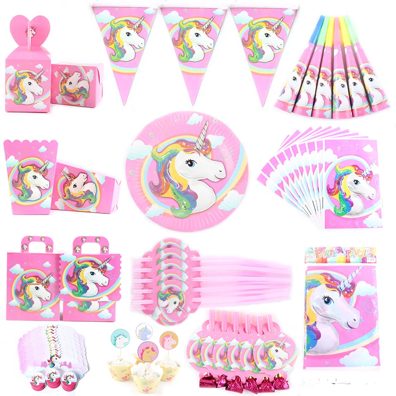 

Unicorn Theme Cartoon Party Set Balloon Tableware Plate Napkins Banner Birthday Candy Box Baby Shower Party Decoration