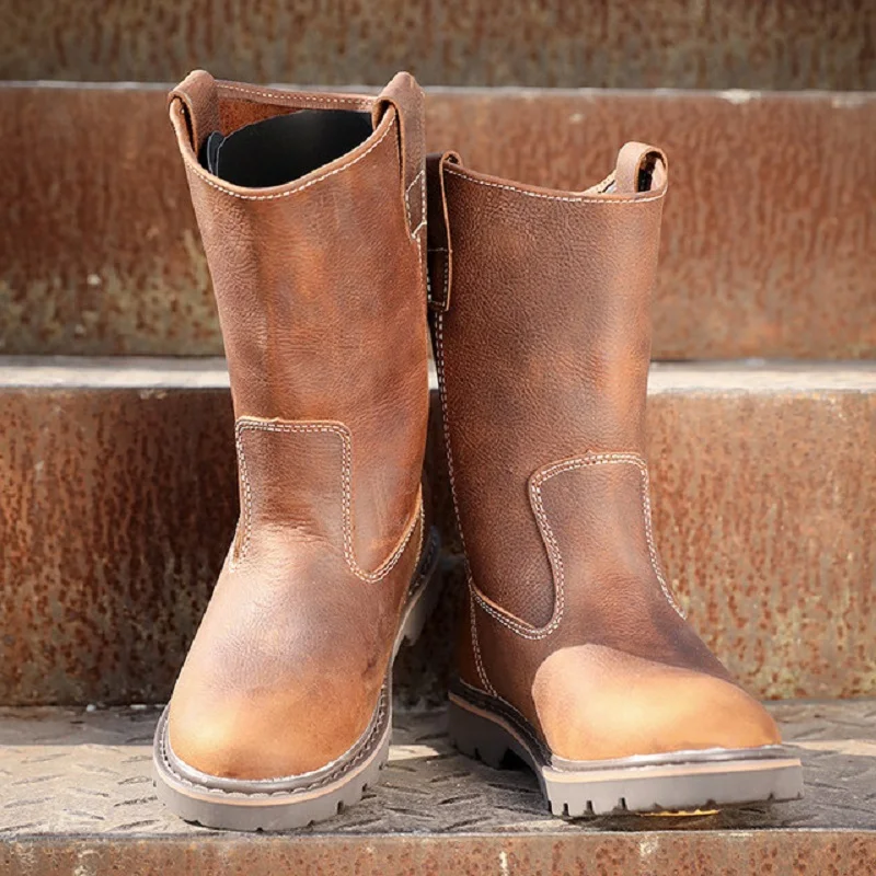 Spring Autumn Retro Genuine Leather Men Mid-Calf Boots Slip-On