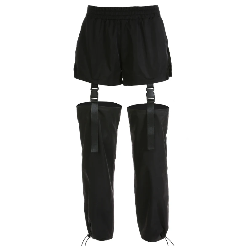 Weekeep/черные лоскутные брюки с высокой талией; женские модные узкие брюки с вырезами и регулируемой пряжкой; уличные брюки для женщин - Цвет: Черный