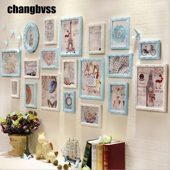 

Blue White Romantic Wedding Room Photo Frame Wall European Style 19PCS Creative TV Sofa Background Picture Frames Combination