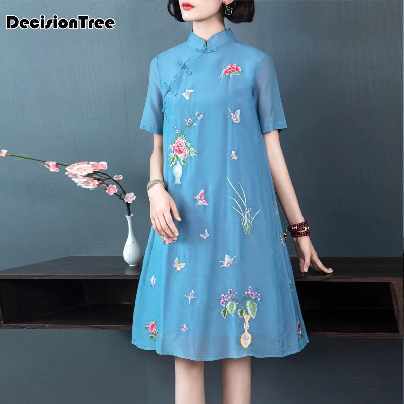 2019 verano azul tradicional chino dama seda cheongsam qipao baile vestido de club tótem y flor novedad vestido de noche - 2