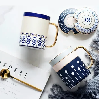 

320ml English patterns ceramic coffee tea mugs with lid and gold spoon office mugs gift cups