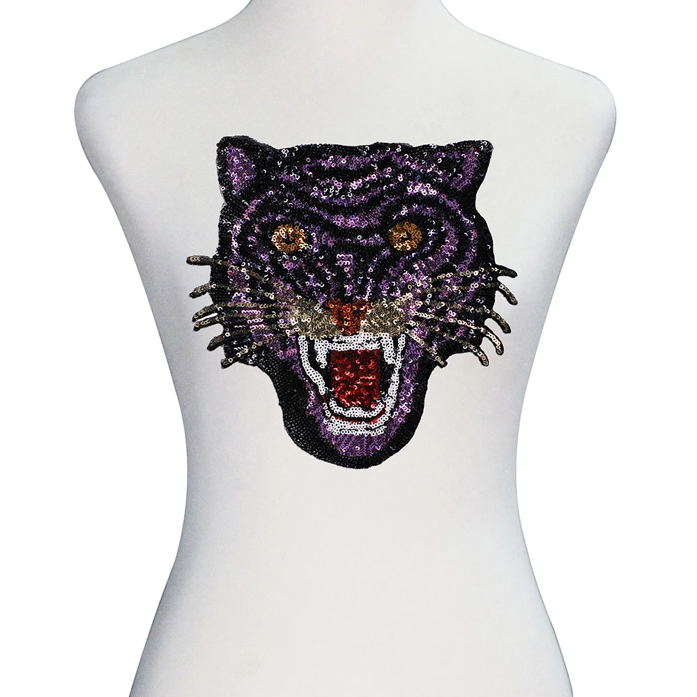 

1pieces Beaded Sequin Blue Leopard Head Patches DIY Applique for Garment Decorated Embroidery Patches Sewing Supplies TH546