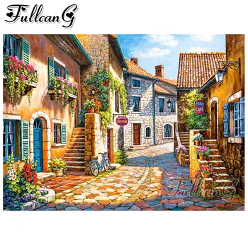 

FULLCANG full square/round drill 5d diy diamond painting town street scenery embroidery landscape cross stitch craft kit FC1700
