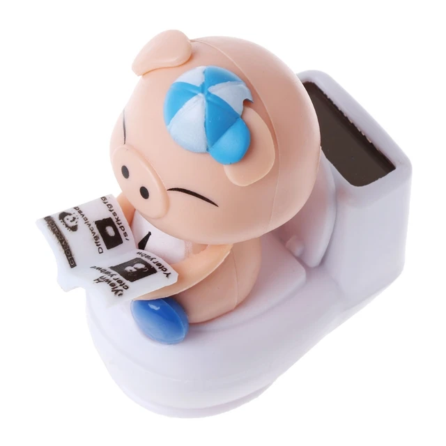 HBB 1PC Solar Powered Pig Sitting On Toilet Car Ornament Cute Cartoon Kid Toy Gift Home Decor 6