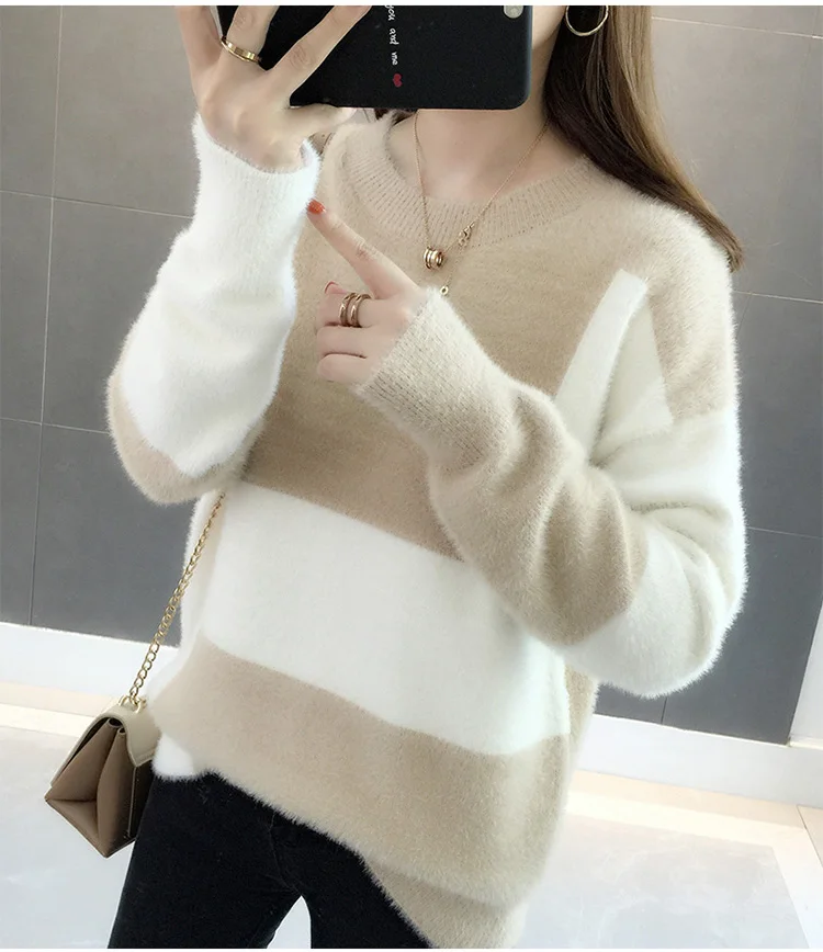 Осень-зима, новинка, мохеровый свитер, Женский пуловер, длинный рукав, толстый свитер, в клетку, смешанные цвета, повседневный женский джемпер, топы L133 - Цвет: White apricot 2