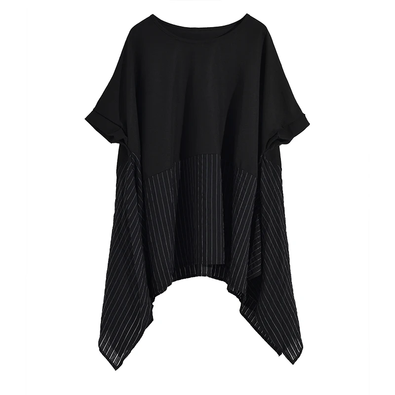 [EAM] New Spring Autumn Round Neck Half Sleeve White Striped Split Loose Oversize Big Size T-shirt Women Fashion JS9530 - Цвет: Black