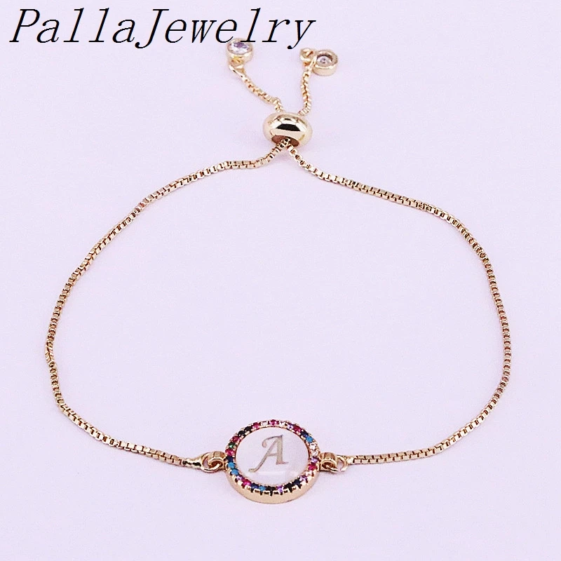 10Pcs Gold/Silver Color Micro Pave Colorful CZ Shell A-Z Letters Alphabets Connector Bracelets,Charm 26 intitial Letter Bracelet