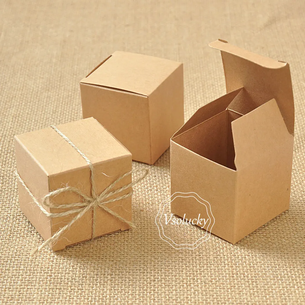 100 шт квадратная коробка из крафт-бумаги с джутовым галстуком, подарочные винтажные коробки для конфет, декор для свадебной вечеринки, дня рождения, детского душа 5*5*5 см