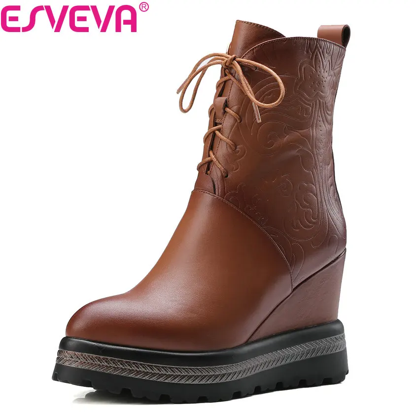 Женские ботинки ESVEVA короткие из плюша и коровьей кожи на платформе танкетке
