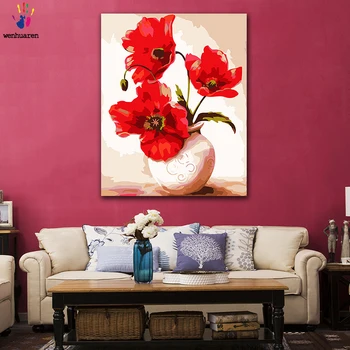 

DIY Coloring paint by numbers Big red poppy flower arrangement figure paintings by numbers with kits 40x50 framed