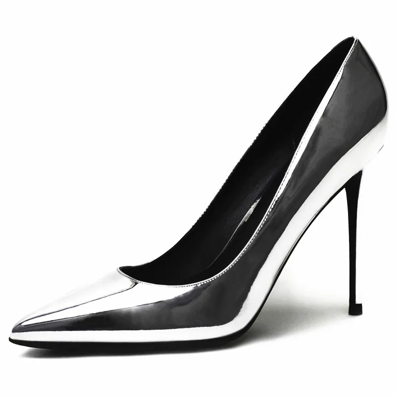 KATELVADI/женские туфли-лодочки открытые лакированные туфли из искусственной кожи на высоком каблуке 10 см для свадебной вечеринки; пикантные туфли на шпильке; K-357 - Цвет: Серебристый