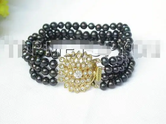 

Free Shipping >> 8" 4row 7mm round black pearl bracelet 8" E327
